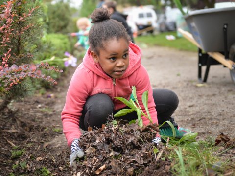 A young girl volunteering by planting a garden.