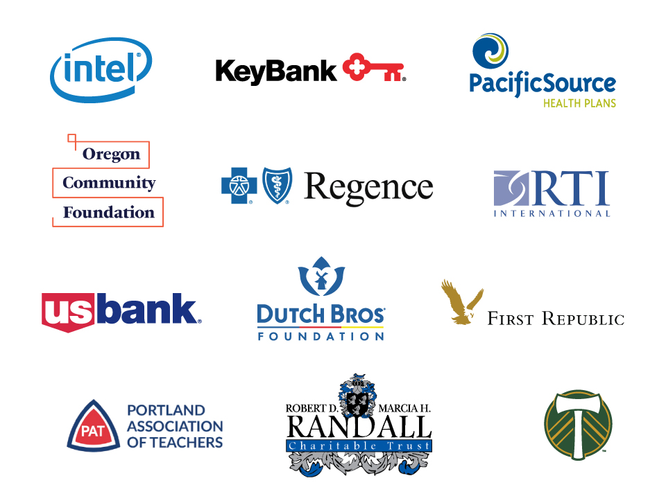 Corporate partner logos: Robert D. and Marcia H. Randall Charitable Trust, Intel, KeyBank, PacificSource Health Plans, Oregon Community Foundation, Regence BlueCross BlueShield of Oregon, RTI International, US Bank, Dutch Bros Foundation, First Republic, Portland Association of Teachers, Portland Timbers