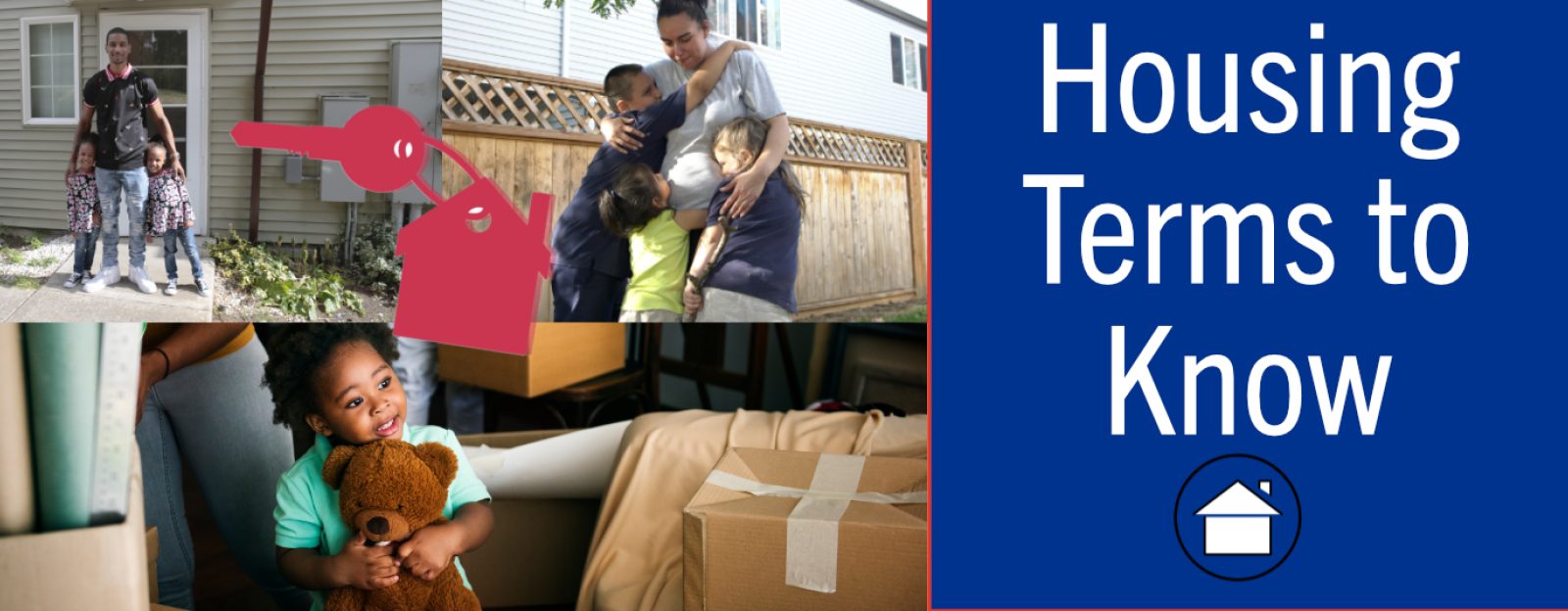 A collage of three photos of families, with the words Housing terms to know to the right.