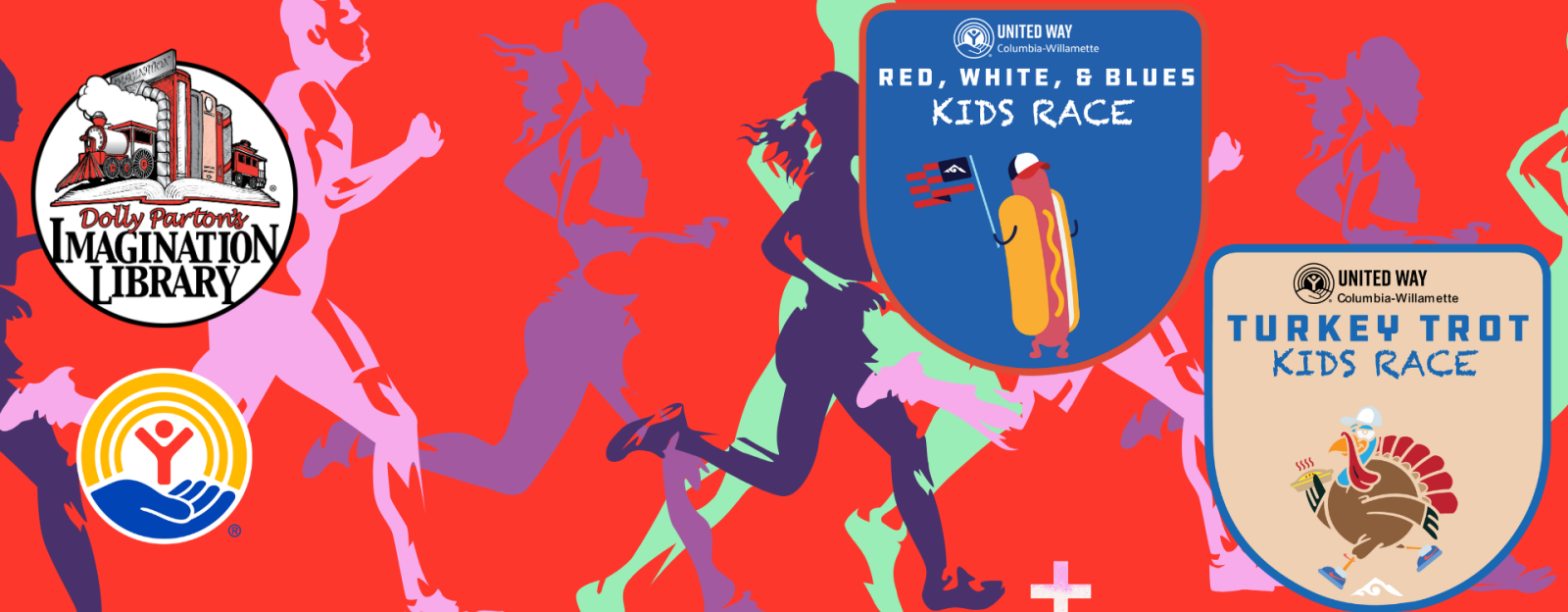 a red background image with the logos of Dolly Parton's Imagination Library and United Way. There are graphics of runners on it as well as flags saying Turkey Trot and Red White and Blue