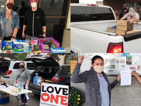 A collage of four photos showing disaster response workers distributing information and supplies