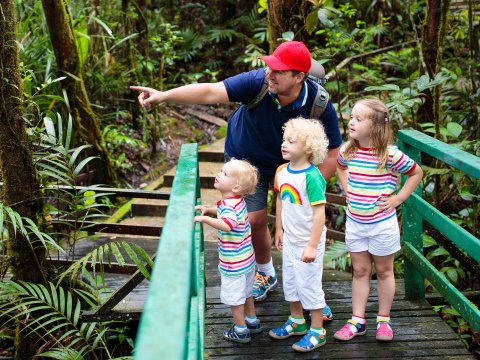 A dad with three children hiking on the forest.