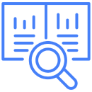 Book with open pages and a magnifying glass over pages