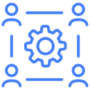 Four people in a configuration of the four corner of a square and connected by lines. Cog wheel in the middle to denote a network of people.