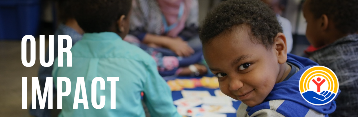 A child smiles while looking backwards. Text says Our Impact
