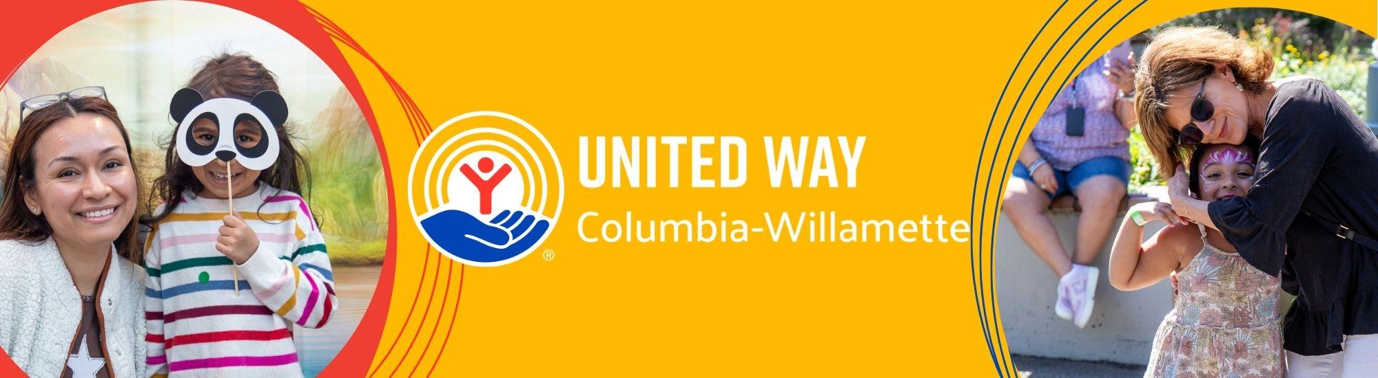 A photo of a girl and her mom smiling with red blue and yellow designs surrounding it. it says 2025 impact report and has United Way of the Columbia-Willamette's logo