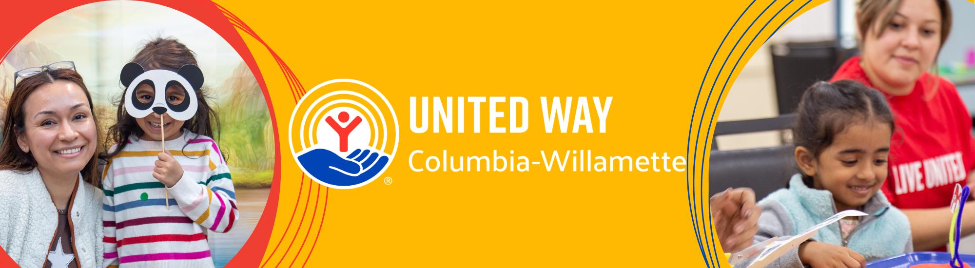 A photo of a girl and her mom smiling with red blue and yellow designs surrounding it. it says 2025 impact report and has United Way of the Columbia-Willamette's logo
